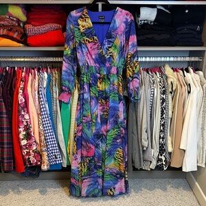 Alexa B blue/pink print long sheer sleeve elastic waist lined maxi dress size 6